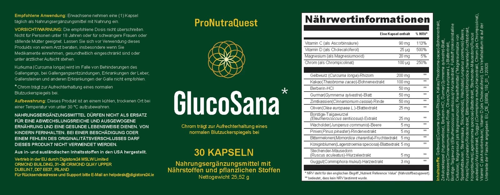 Originaletikett von GlucoSana mit Nährwerttabelle und Zutatenliste