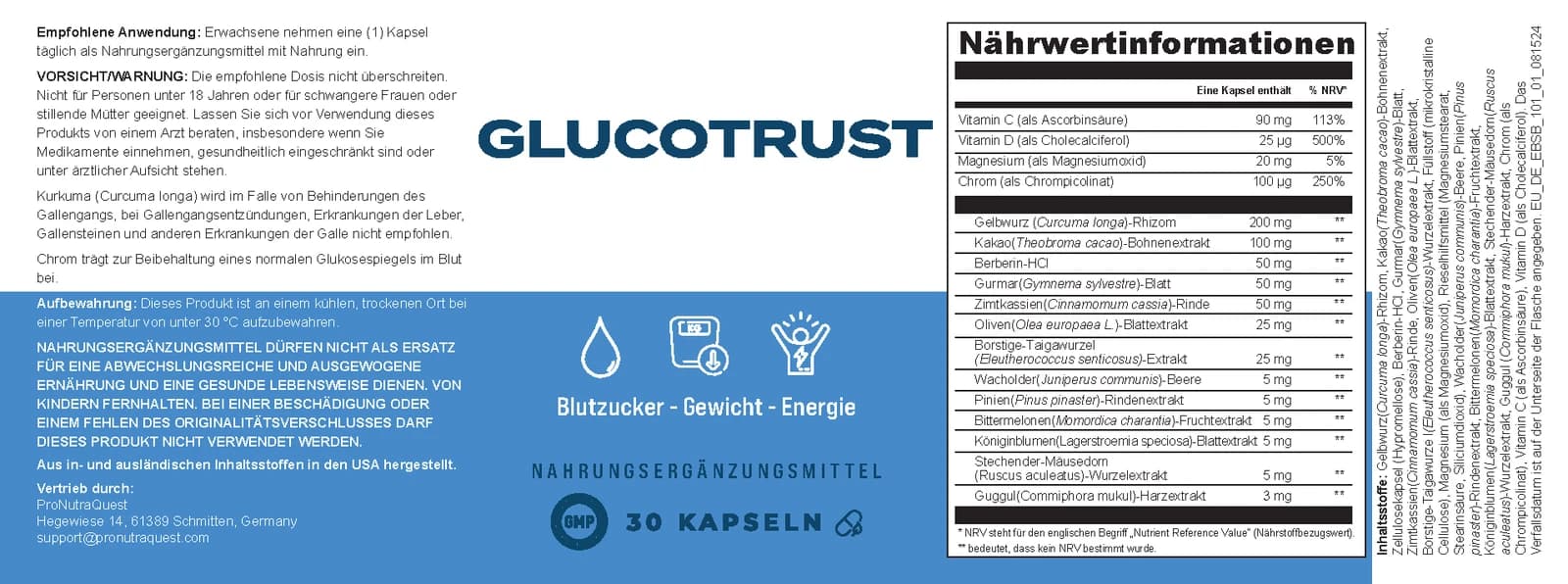 Originaletikett von GlucoTrust mit Nährwerttabelle und Zutatenliste