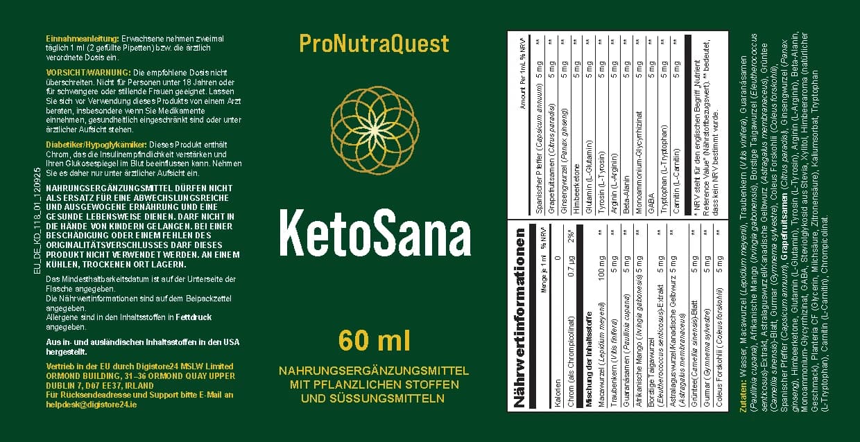 Originaletikett von KetoSana mit Nährwerttabelle und Zutatenliste