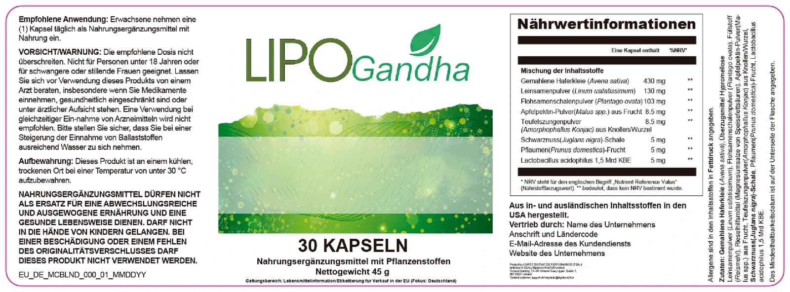 Originaletikett von LipoGandha mit Nährwerttabelle und Zutatenliste