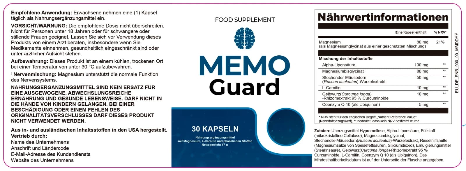 Originaletikett von MemoGuard mit Nährwerttabelle und Zutatenliste