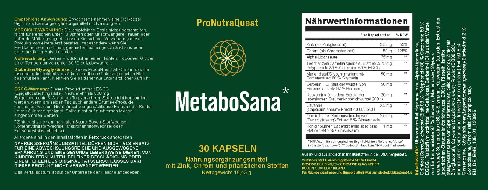 Originaletikett von MetaboSana mit Nährwerttabelle und Zutatenliste