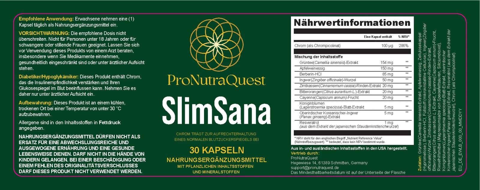 Originaletikett von SlimSana mit Nährwerttabelle und Zutatenliste