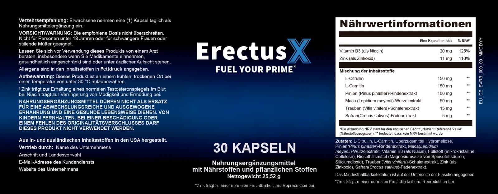 Originaletikett von ErectusX mit Nährwerttabelle und Zutatenliste
