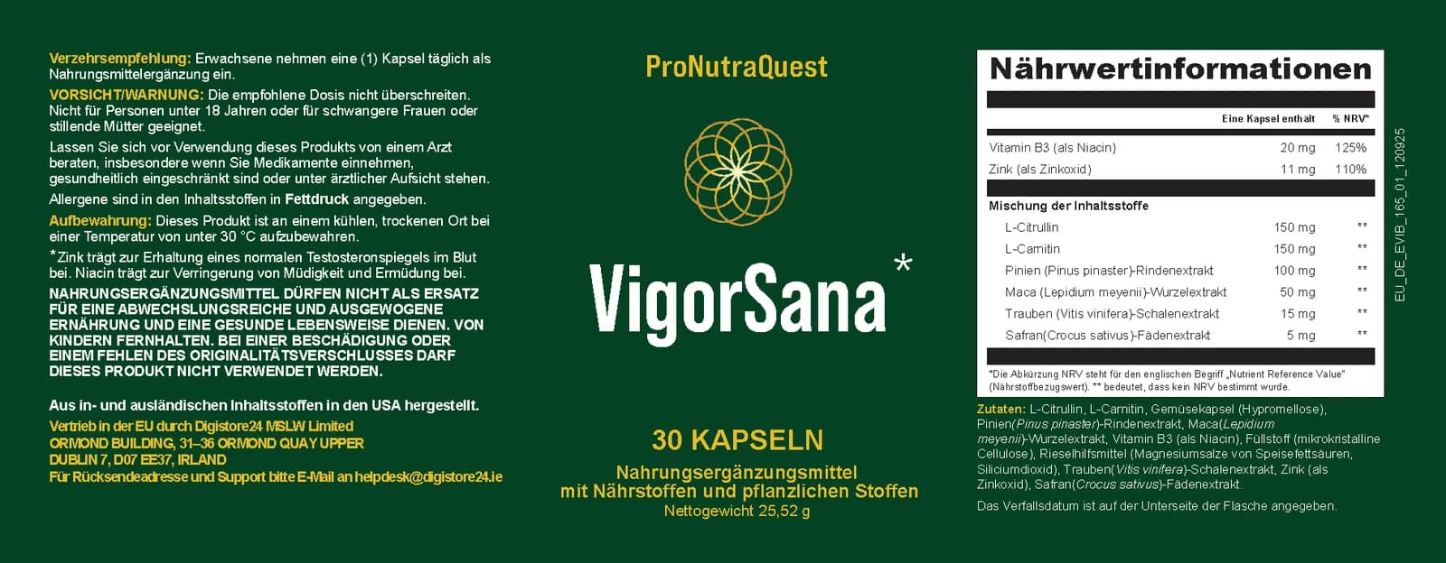 Originaletikett von VigorSana mit Nährwerttabelle und Zutatenliste
